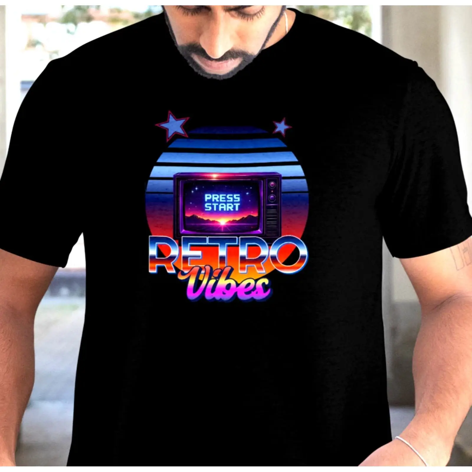 Retro Gaming Vibe - Camiseta Retrô Neon para Jogos, Estilo